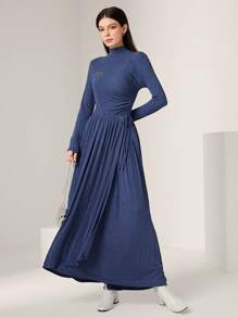 Seusyu Ladies' Solid Color Stand Collar Long Sleeve Pleated Dress Modest Dress - Blue - View 6