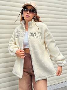 SHEIN Unity Women's Solid Color Plush Letter Print Long Sleeve Jacket - Apricot - View 4