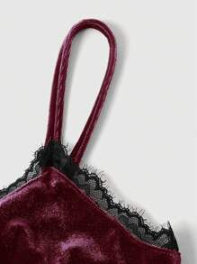 ROMWE Goth 前面有褶襉的綁帶湖水綠色絨面上衣,蕾絲拼接 - 中紫紅色 - 查看 3