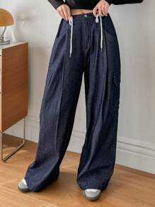 DAZY Drawstring Waist Cargo Wide Leg Denim Pants Baggy Jeans - Dark Wash - View 8