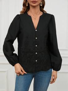 GENKIRA Random Embroidered Long Sleeve Women's Shirt Fall Cloth For Women - Black - View 3