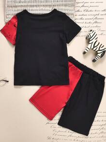 SHEIN Kids' Summer Casual Red & Black Spider Printed Short Sleeve T-shirt Set - Multicolor - View 2