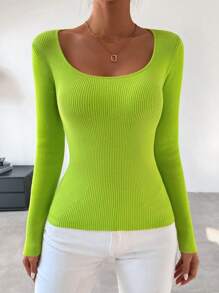 SHEIN LUNE Suéter de punto acanalado sin espalda de unicolor para otoño e invierno - Verde - Ver 5