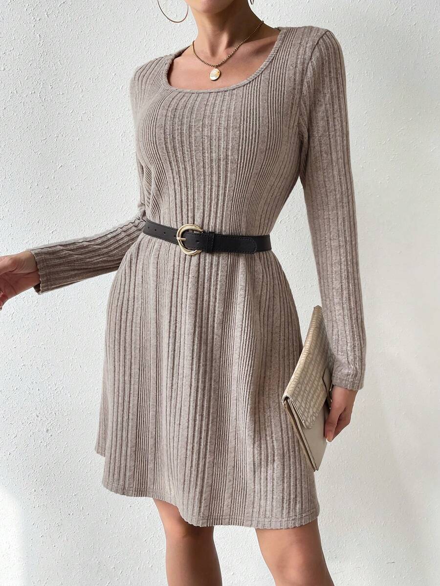 Chiquease Women's Solid Color Round Neck Ribbed Casual Dress Without Belt Fall Cloth For Women - Khaki - View 1