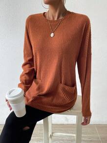 SHEIN Essnce 女式寬鬆落肩羅紋 T 卹 - 咖啡棕 - 查看 4