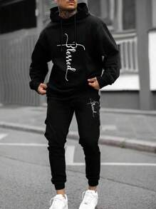 Manfinity Homme Nam Mẫu chữ Dây rút Hoodie Và Quần thể thao Hai chiếc Bộ - màu đen - Xem 1