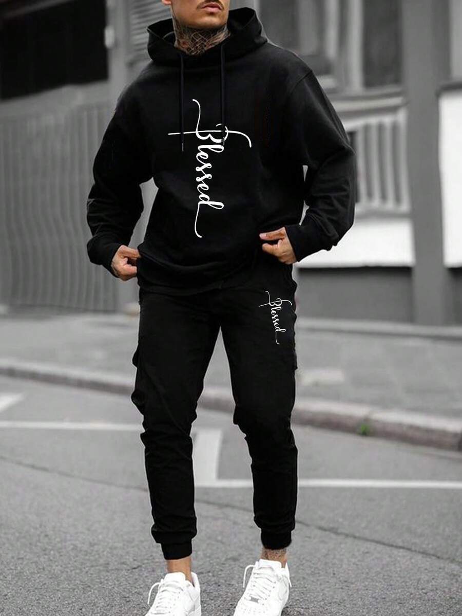 Manfinity Homme Nam Mẫu chữ Dây rút Hoodie Và Quần thể thao Hai chiếc Bộ - màu đen - Xem 1