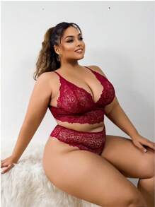 Plus Size Lace Perspective Sexy Lingerie Set - Burgundy - View 3