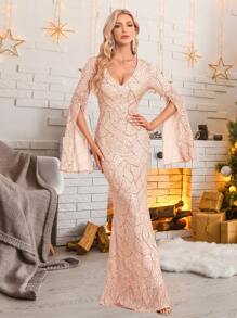 Split Sleeve Mermaid Hem Sequin Formal Dress - Gold - View 1