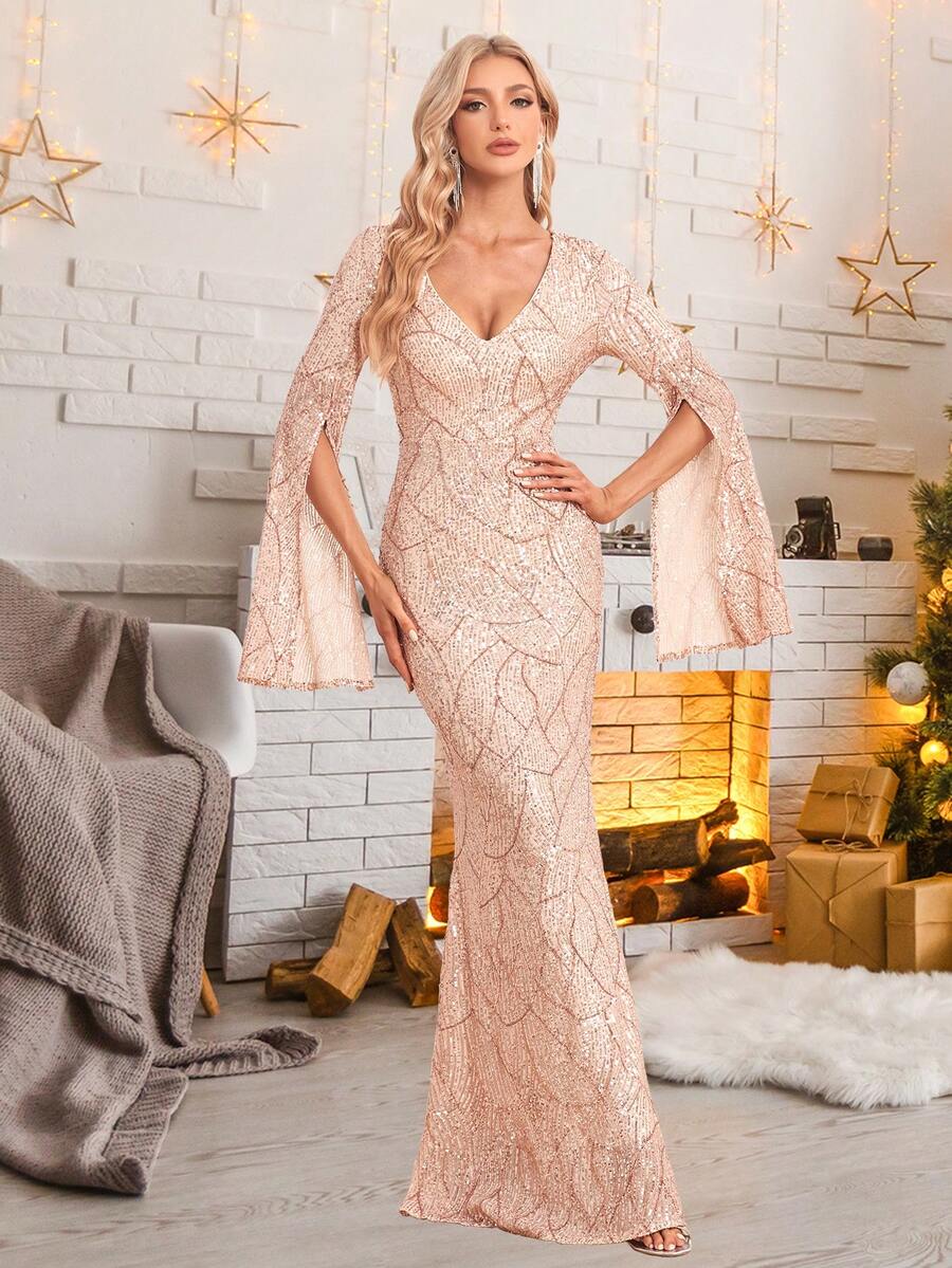Split Sleeve Mermaid Hem Sequin Formal Dress - Gold - View 1