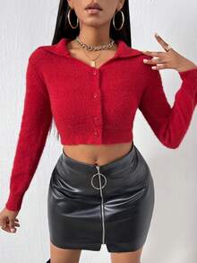 SHEIN Essnce Ngắn Lông chồn Áo len Mở Với Ngực đơn Clasp - Đỏ - Xem 3