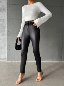 EURMUSE Solid PU Leather Skinny Pants - Black - View 4