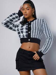 Hauture Cárdigan Corto Con Botones Delanteros De Estampado De Pata De Gallo