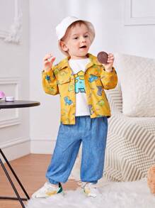 SHEIN 男嬰休閒可愛恐龍圖案立領夾克短袖 T 恤和牛仔褲套裝,夏季 - 彩色 - 查看 7