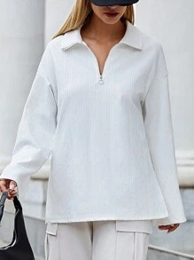 SHEIN Essnce 女士半拉鍊紋理下垂肩t恤 - 灰色 - 查看 5