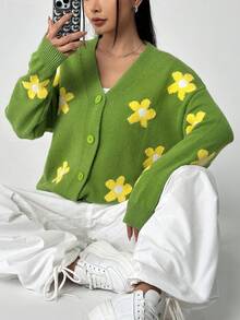 SHEIN Unity 女士花卉圖案落肩開襟衫 - 綠色 - 查看 4