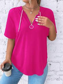 SHEIN LUNE 女款大尺寸拉鍊 V 領短袖 T 卹,附抽繩兜帽 - 玫紅色 - 查看 6