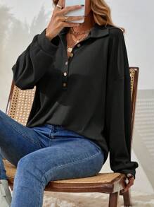 EMERY ROSE Women's Drop Shoulder V-Neck Half Button Tee Fall Cloth For Women - Black - View 4