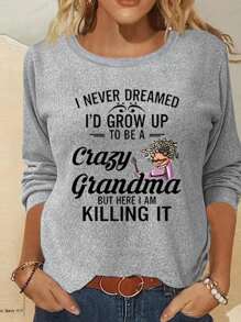 Flirla Plus Slogan & Cartoon Graphic Sweatshirt Pullover Fall Sweatshirt - Light Grey - View 6