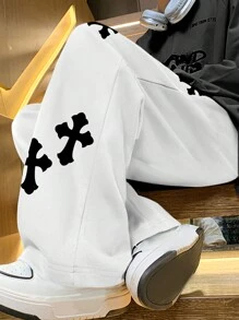 Manfinity EMRG Pantalones De Chándal Para Hombre Con Ajuste Holgado Y Estampado De Cruz Para Uso Casual - Blanco - Ver 3