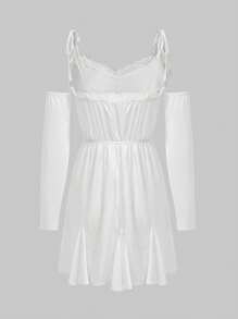 ROMWE PUNK 肩部繫帶蕾絲飾邊吊帶連身裙(有臂袖,無腰帶) - 白色 - 查看 2