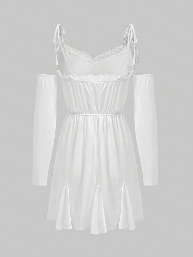 Tie Shoulder Lace Trim Cami Dress With Arm Sleeve Without Belt