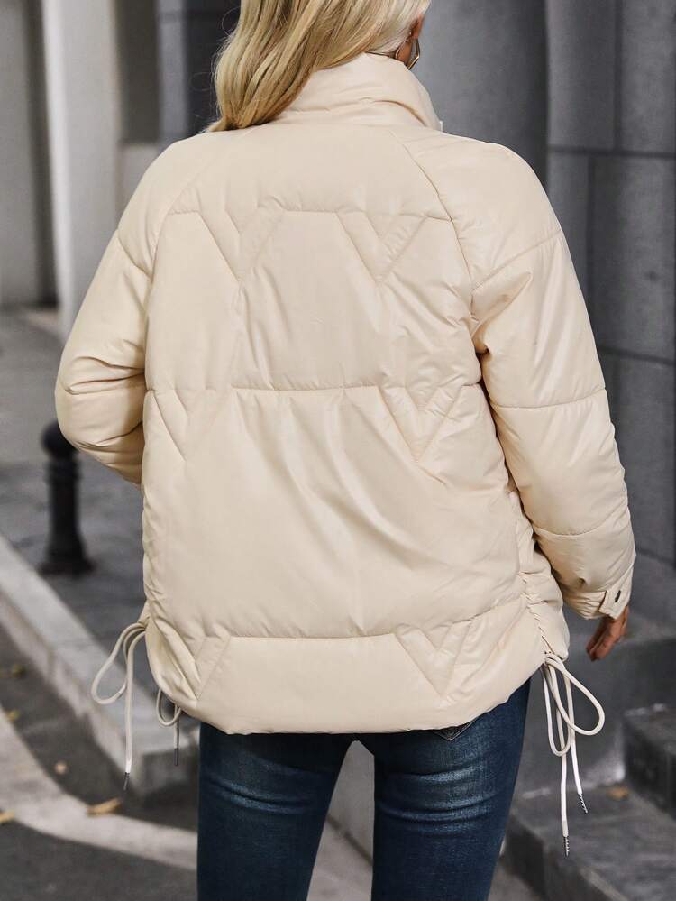 Solid Color Stand Collar Padded Padded Coat Clothes Winter With Drawstring Detail On Side