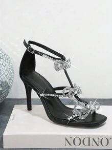 SHUZIA 女士鑽石蝴蝶裝飾高跟涼鞋,適用於婚禮派對 - 黑色 - 查看 2