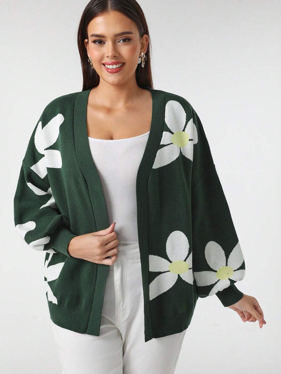 Mindsi Designer Plus Floral Flower Pattern Drop Shoulder Cardigan, Fall, For Autumn & Winter, For Holiday, Vacation, Valentine's Day, Festival - Multicolor - View 1