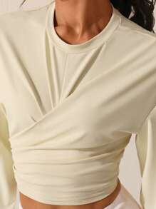 SHEIN Sports Women's Solid Color Round Neck Wrap Front Pleated Athletic Sweatshirt - Apricot - View 8