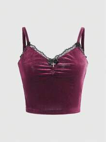 ROMWE Goth 前面有褶襉的綁帶湖水綠色絨面上衣,蕾絲拼接 - 中紫紅色 - 查看 1