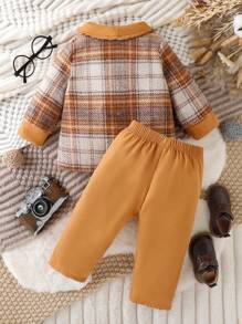 寶寶男孩優雅紳士復古格紋夾克和長褲套裝,適用於春秋季節 - 棕色 - 查看 2