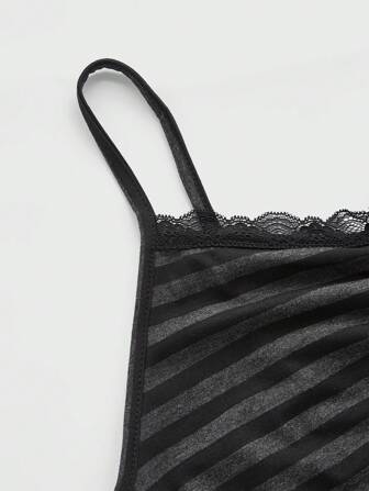 ROMWE Summer Casual Versatile Black & Gray Striped Lace Trim Camisole