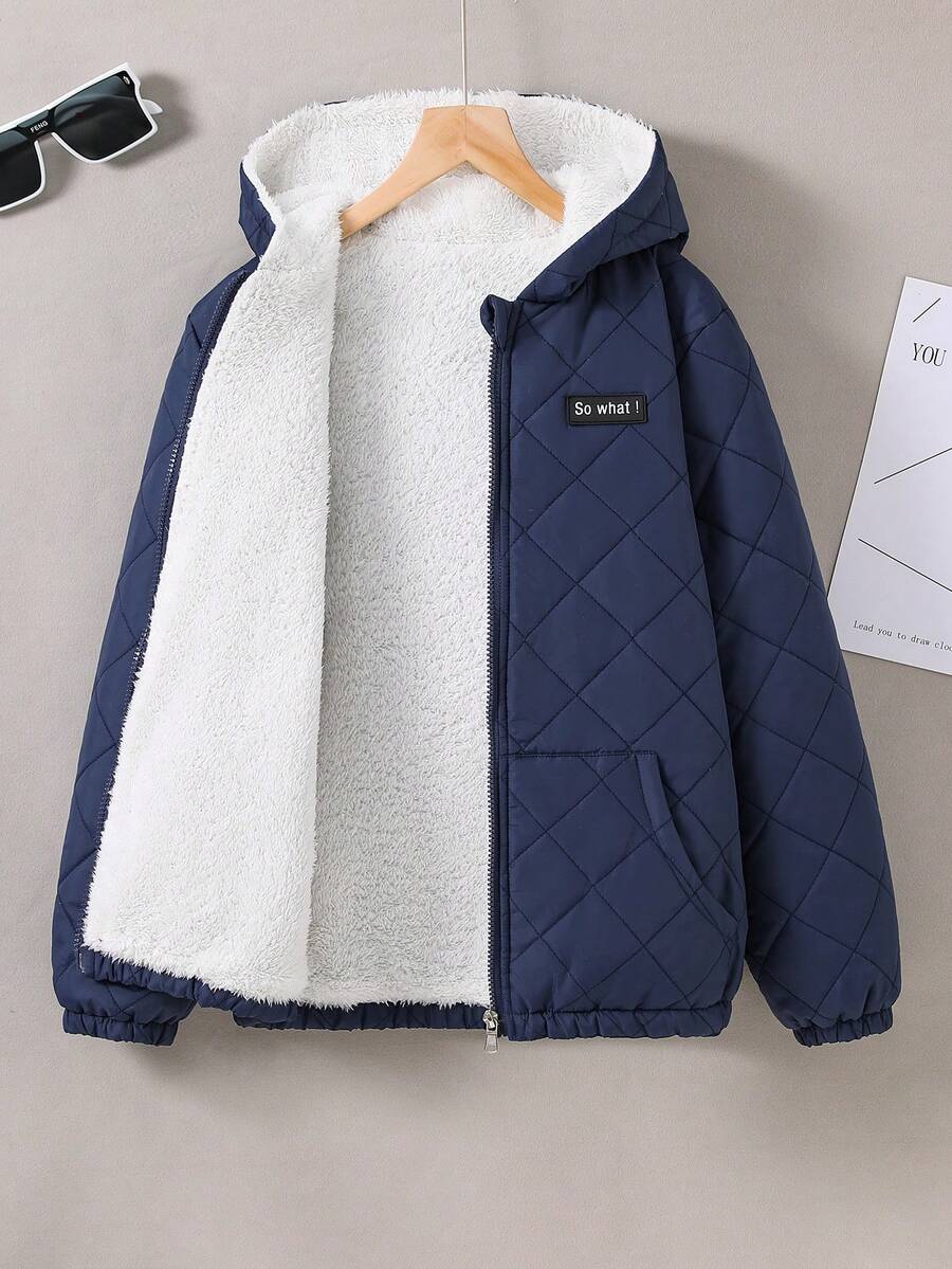 男童字母贴布泰迪熊内衬袋鼠口袋连帽夹棉大衣 - 藍色 - 查看 1