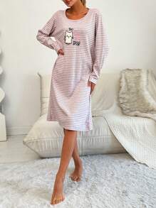 RueChic Letter & Cartoon Embroidery Striped Nightdress - Pink - View 4