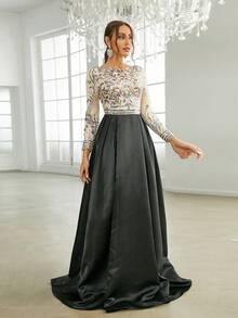 Missord Váy dạ hội đính sequin hoa màu đen thanh lịch dài tay trang trọng cho tiệc cưới, dự tiệc tốt nghiệp, tiệc tối - màu đen - Xem 3