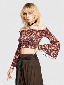 ROMWE Hippie Mushroom And Flower Pattern Blouse With Flare Sleeves, Crop Top - Multicolor - View 3