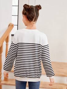 女童針織愛心印花和條紋圓領寬鬆休閒t恤 - 彩色 - 查看 7