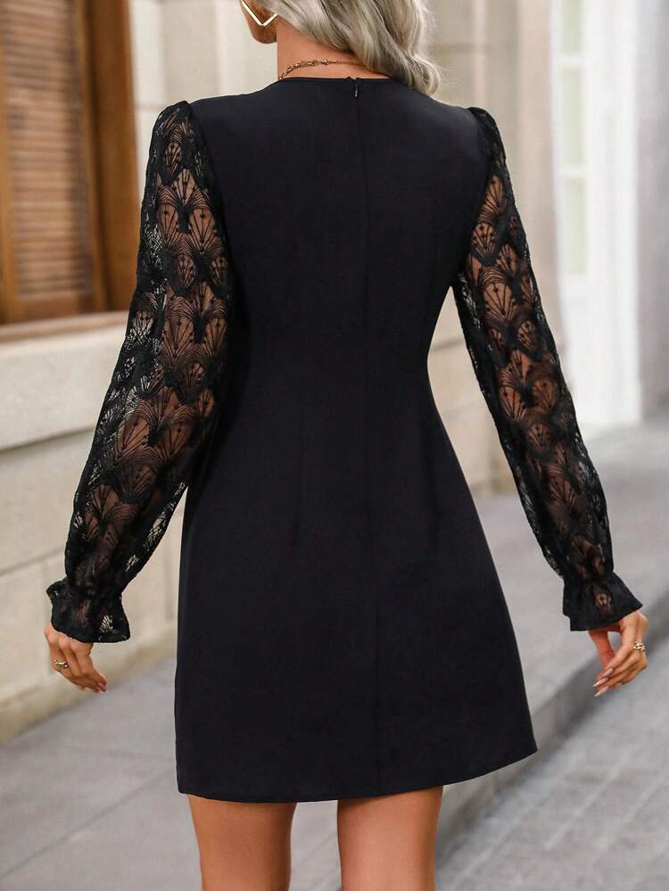 Women's V-Neck Lace Splice Ruffle Trim Decorated Bodycon Dress Winter Elegant Black Evening Dress