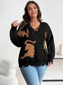Flirla Plus Size Women's Lion Pattern Sweater Pullover Knit Pullover Fall Winter Sweater - Multicolor - View 3