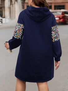 SHEIN LUNE Của phụ nữ Kích thước lớn Bảng điều khiển Sequin Dây rút Đầm có mũ - Màu xanh hải quân - Xem 2