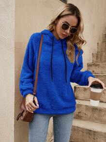 SHEIN LUNE Solid Color Furry Drawstring Hoodie In Fall/Winter,Casual - Royal Blue - View 5