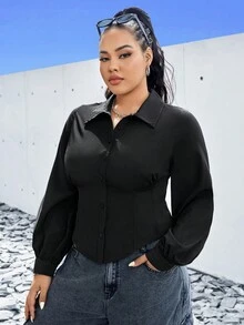SHEIN EZwear Của phụ nữ Kích thước lớn Chất rắn Có màu sắc Eo Kẹp chặt Áo sơ mi - màu đen - Xem 3