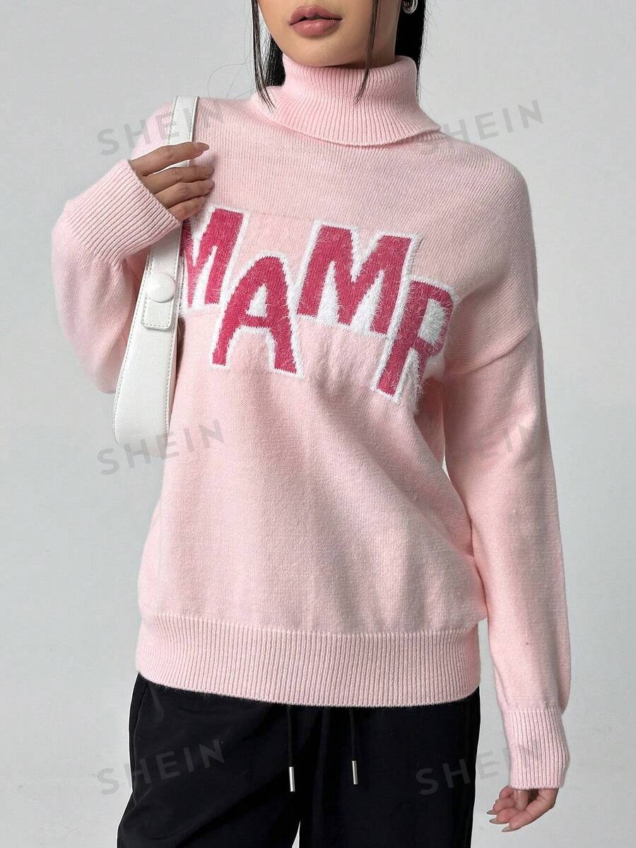 Flirla Jersey de cuello alto con caída de hombros y estampado de letras para mujer, jersey de punto de otoño e invierno - Rosa - Ver 1