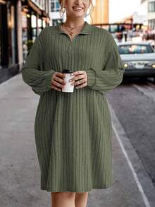 SHEIN CURVE+ Của phụ nữ Kích thước lớn Sọc Thả vai Đầm Với Quay xuống Vòng cổ - xanh quân đội - Xem 6