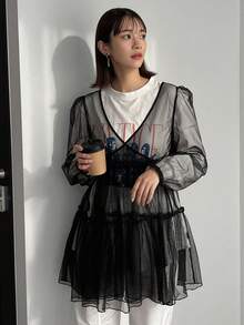 FRIFUL 女用荷葉邊下擺網眼上衣 - 黑色 - 查看 3