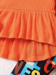 SHEIN Little Girls' Solid Colored T-shirt With Ruffled Hem And Letter Printed Leggings Set - Orange - View 3