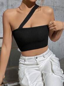 Flirla Women's Knitted One-shoulder Top - Black - View 5