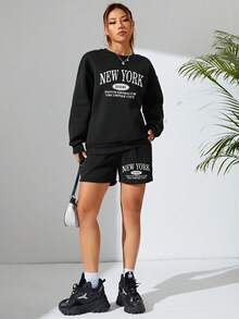 SHEIN EZwear 2 件/套字母印花運動衫和短褲套裝 - 黑色 - 查看 6