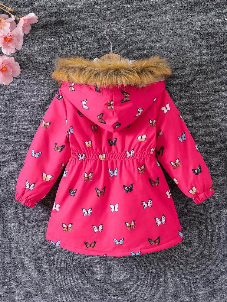 SHEIN Abrigo Acolchado Con Capucha Y Cuello De Polar Con Estampado De Mariposas Para Niña - Rosa Fucsia - Añade 2